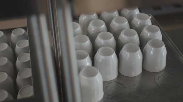 Uniform mugs stand neatly arranged and ready for drink service at buffet station. Soft lighting highlights sleek contours of porcelain