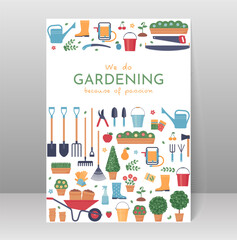 Gardening banner template. Poster layout with garden tools. Vertical background with gardening instruments and copy space.  Horticulture card. Rectangular flyer. Vector illustration. Flat design © maradaisy