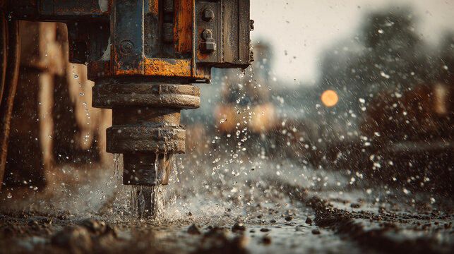 industrial drilling machine breaking ground with water cooled excavation process at construction site