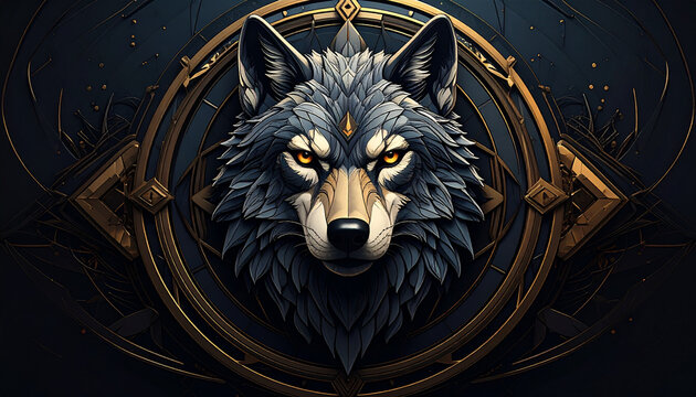 Wolf head in gold circle with yellow eyes