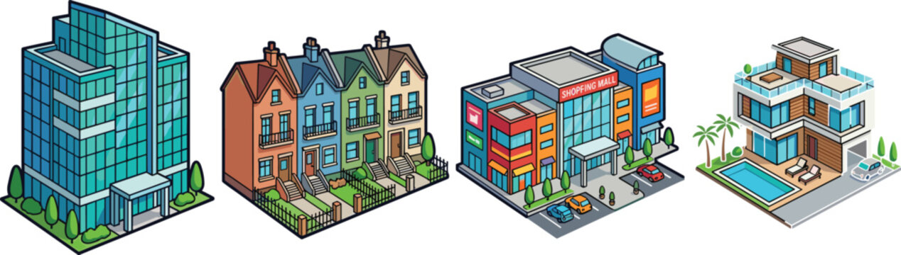 Isometric Urban Buildings Collection with Modern Skyscraper, Townhouses, Shopping Mall, and Luxury Villa Vector Graphics for Real Estate and Architecture Map Designs