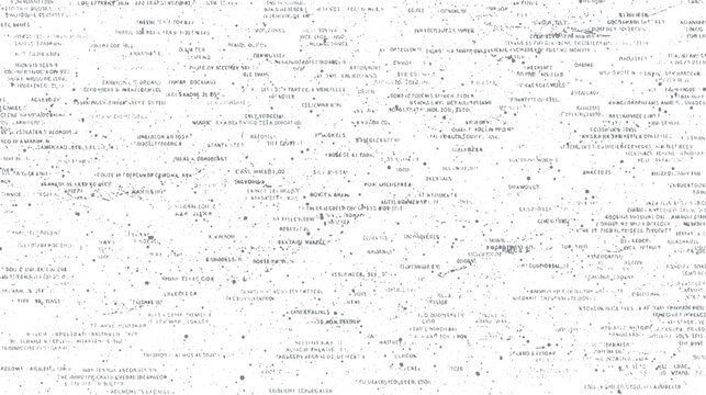 Scattered grey text fragments and ink splatters on a white background creating a distressed abstract pattern