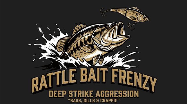 Fishing adventure vintage print design for t shirt. Rattle bait frenzy. Bass fishing artwork. Deep strike aggression.