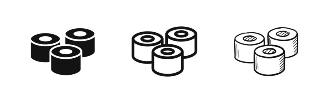 Sushi roll maki icons in solid, outline, and sketch styles