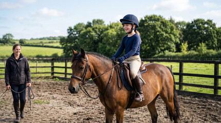 Obraz premium Smiling young girl wearing a helmet and professional equipment riding a horse during an outdoor equestrian lesson