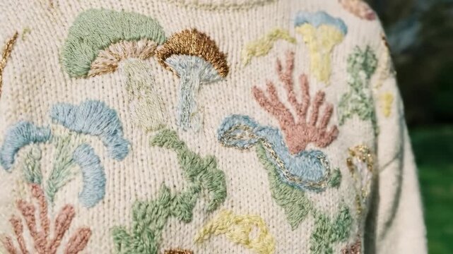 Intricate Botanical and Coral Embroidery on Cream Knit Sweater in Sunny Park