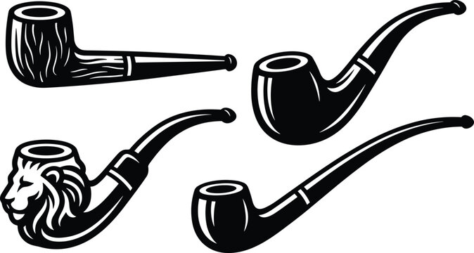 Vintage Wooden Smoking Pipe Vector Illustration Set Featuring Classic Retro Shapes and Carved Lion Head Designs for Barbershop Badges Gentleman Clubs and Logo Graphics