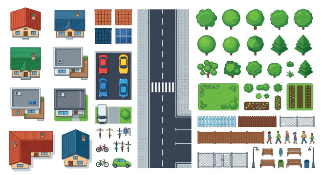 cityscape elements flat vector houses trees road