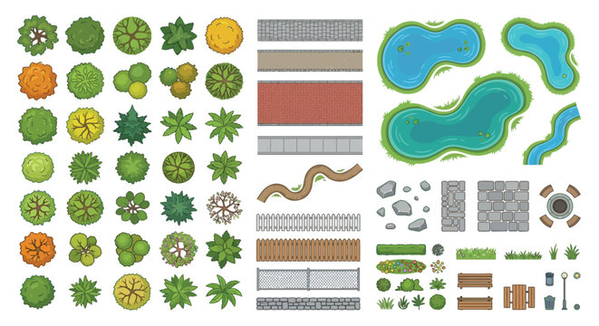 landscape elements vector illustration trees bushes ponds
