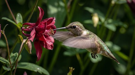 Fototapeta premium Closeup hummingbird feeding on a red flower nectar with blurred wings for garden background and nature macro detail