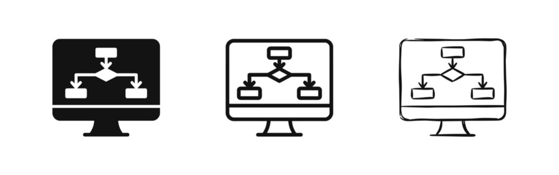 Computer Monitor with Flowchart Icon Set - Logic Diagram, Process Map, Algorithm Design