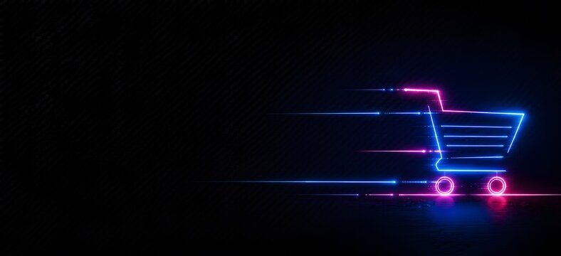 Neon shopping cart icon with fast motion light trails, futuristic cyberpunk e-commerce sale banner with copy space