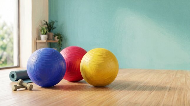 Colorful exercise and yoga stability balls in bright studio for fitness background and wellness poster design for pilates and home workout