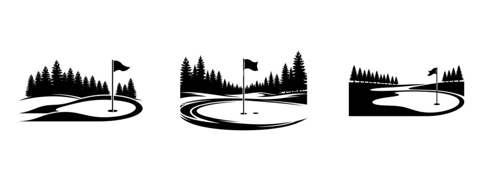 Golf course green with flag and forest silhouette minimalist vector illustration.