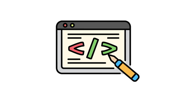 Vector Illustration of Programming Code Editor Window with Pencil &ndash; Web Development, Software Engineering, and Digital Creation Concept