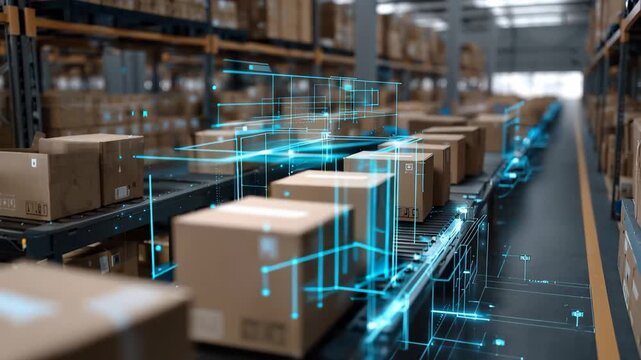 Boxes move along a conveyor belt in a warehouse with digital elements showing tracking information at a logistics center