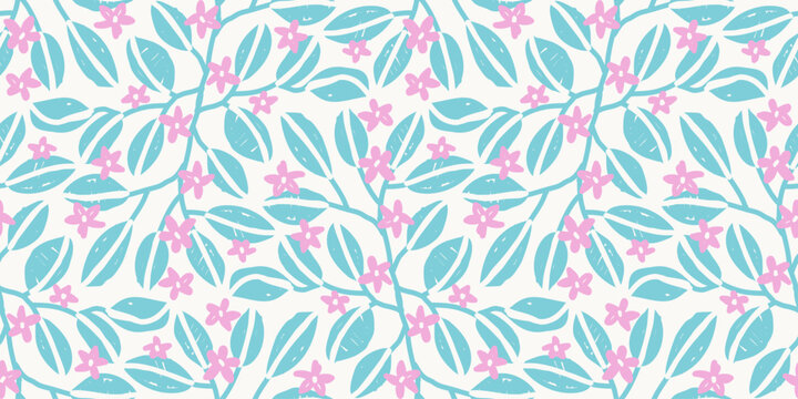 Seamless floral pattern with beautiful pink jasmine flowers and blue leaves
