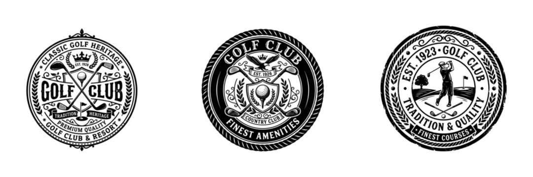 Vintage style golf emblem set with crossed sticks and classic laurel wreath shapes.
