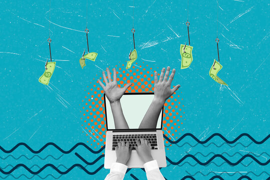 Art collage of a laptop with hands reaching for money on hooks representing fraud and easy money schemes