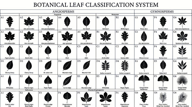 Botanical Leaf Classification System Chart: Angiosperms and Gymnosperms
