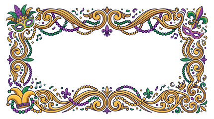 Mardi Gras Frame with Masks, Beads, Crown, and Fleur de Lis - Festive Border © happy