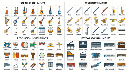 Musical Instruments Chart: String, Wind, Percussion, Keyboard © happy