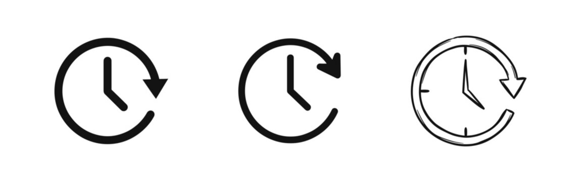 Clock history icon set with back arrow representing rewind or previous time