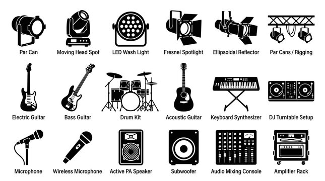 Musical Instruments and Audio Equipment Icons Set