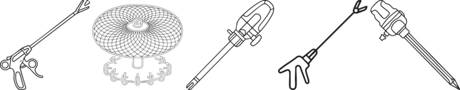 Advanced surgical instruments: vector outline illustrations of modern tools used in minimally invasive and complex medical procedures