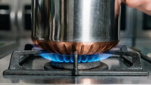 Closeup medium shot of a coppercore stockpot base emphasizing superior thermal conductivity and even heat distribution during culinary preparation