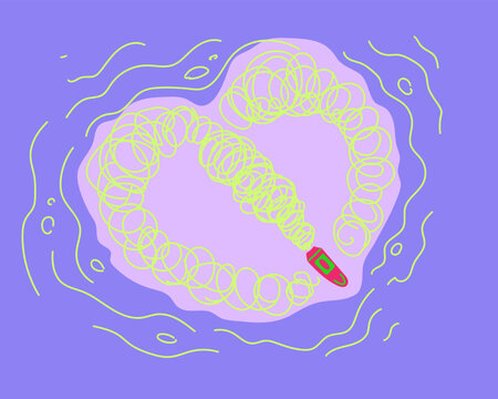 Violet and lemon cartoon outline illustration. Summer aesthetic. Boat draws heart on water
