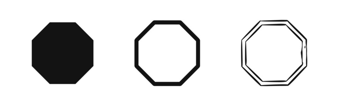 Octagon Geometric Shape Icon Set in Solid Outline and Hand Drawn Styles