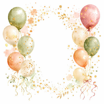 Watercolor balloons frame with gold glitter confetti
