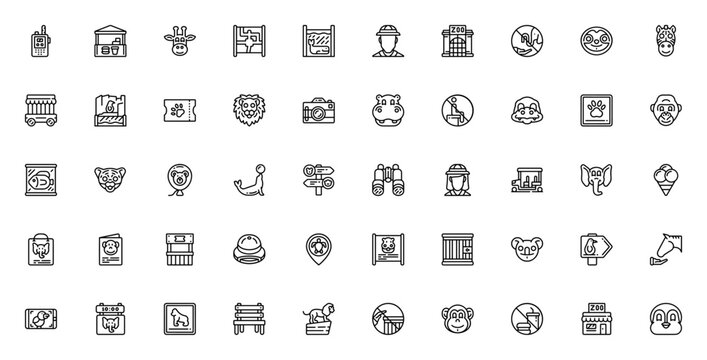 Zoo icon pack. Minimal thin line icons. Editable vector stroke. Featuring animals: giraffe, lion, penguin, elephant, tiger, whale, and more; plus zoo elements: ticket, map, zookeeper, food.