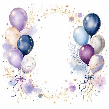 Purple and blue party balloons frame with gold glitter