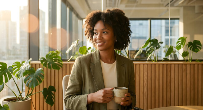Exitosa mujer de negocios afroamericana con cabello afro sonriendo y disfrutando de un caf&eacute; en una oficina moderna y luminosa