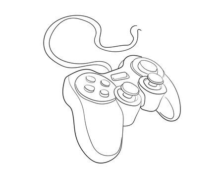 Hand drawn line art illustration of a wired video game controller with buttons and analog sticks. Gaming themed coloring page style artwork isolated on a light background