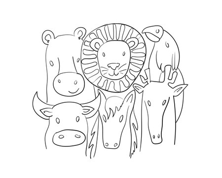 Hand drawn line art illustration featuring a group of safari animals including a cow, lion, horse, giraffe and bird. Educational coloring page style artwork isolated on a light background