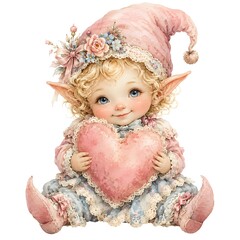 Fototapeta premium A small elf with curly blonde hair holds a large pink heart pillow. The elf wears a pink hat adorned with flowers and a blue outfit with lace details. This scene shows sweet charm and innocence