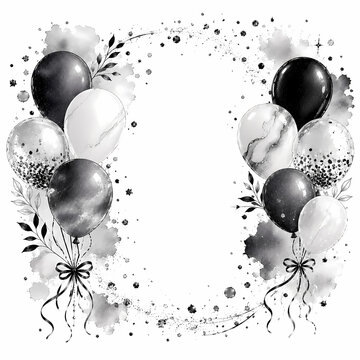 Black and white balloons frame with watercolor splashes