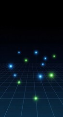 Obraz premium Glowing Neon Light Particles Floating Above Futuristic Grid in Dark Digital Space