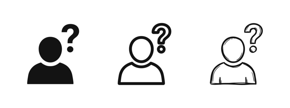 User profile with question mark help icons in solid, outline, and hand-drawn sketch styles.