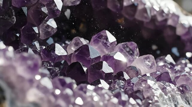 4K Extreme Macro of Geometric Amethyst Crystals Inside Raw Geode Rock