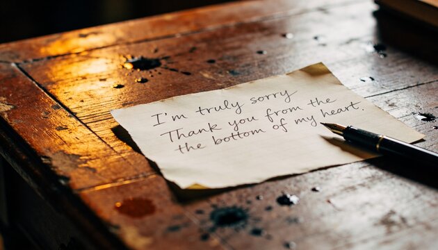 Displaying torn lined paper with cursive note lying on wood desk, fountain pen and taped corners