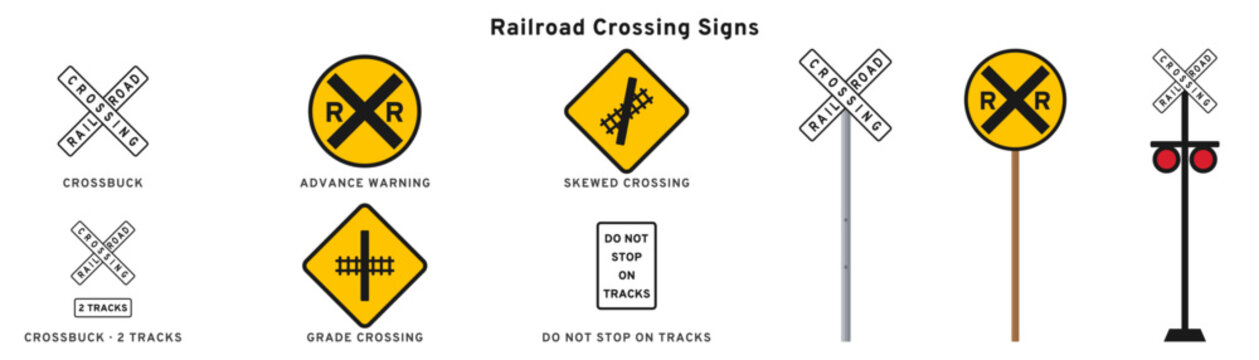 Railroad crossing signs crossbuck clipart train warning with tracks signal light and poles symbol vector on transparent background