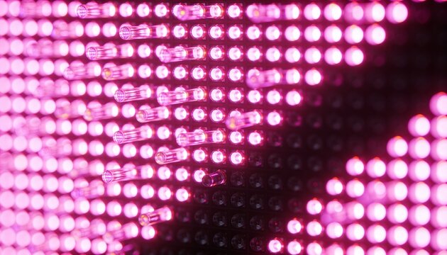 Shimmering magenta LED matrix section on stage, showing round emitters, clear lenses, black PCB