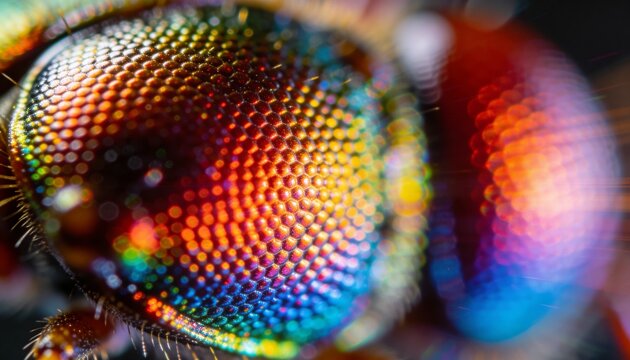 Displaying insect eye showing iridescent ommatidia in macro with setae blurred eye light streaks