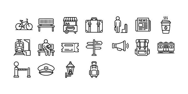 Icon set collection of travel and transportation icons, including luggage, train station items, signage, and commuter lifestyle elements.