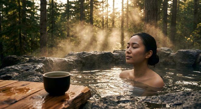 Mujer joven relaj&aacute;ndose en un ba&ntilde;o termal de piedra en un bosque natural con niebla y rayos de sol, concepto de bienestar y spa