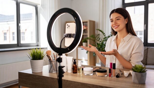Smiling woman wearing button-up showing makeup on table at home with ring light phone, copy space